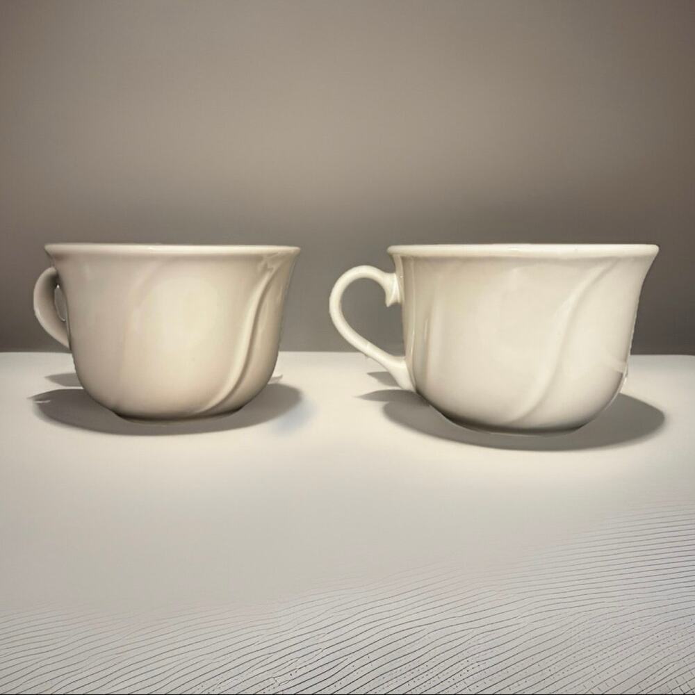 Set of 2 Vintage White Ceramic Teacups | Coffee Cups | Classic Swirl Design
